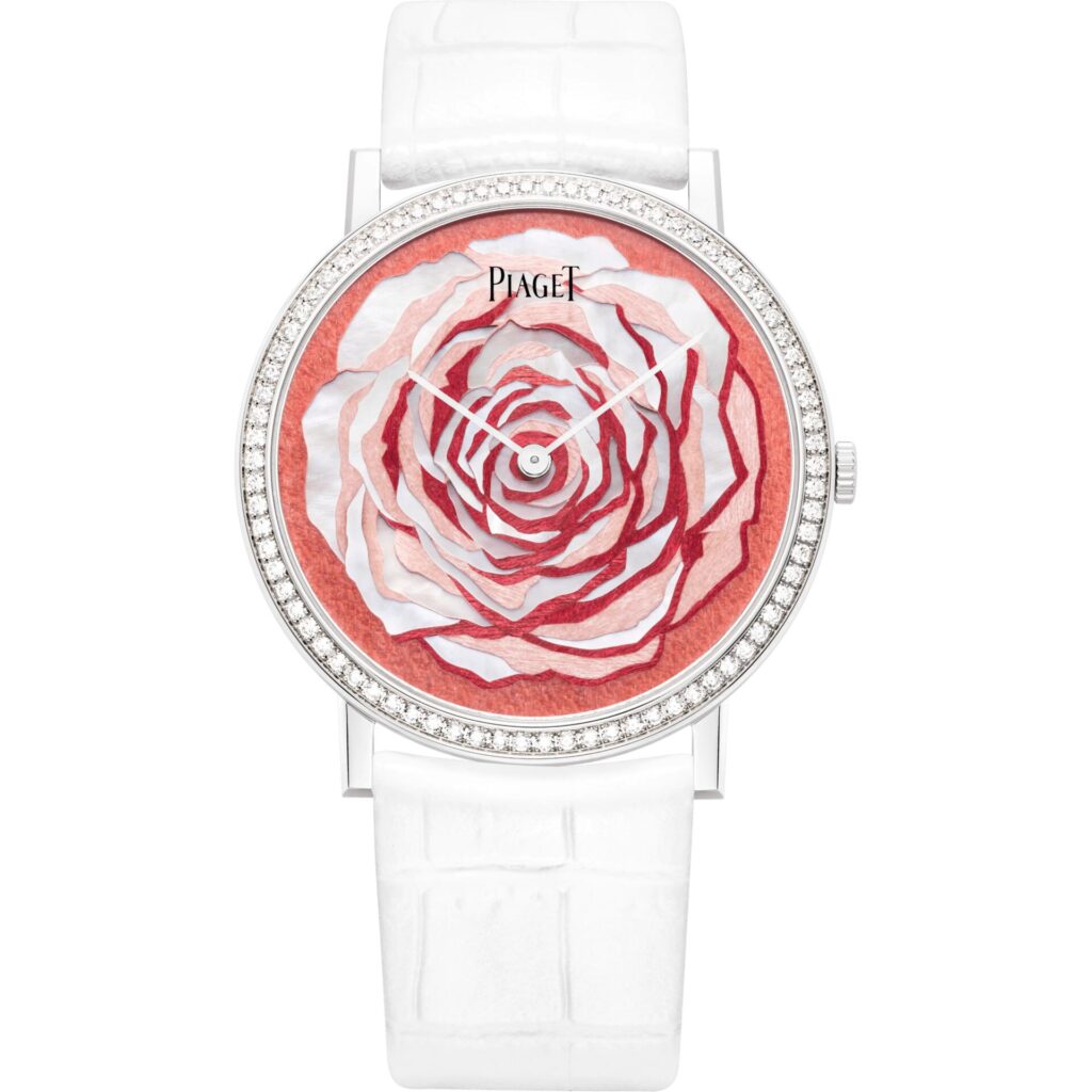 Altiplano Rose Watch: la rosa que enaltece el tiempo / Patricia Olivares Taylhardat, Piaget, Altiplano Rose Watch, Yves Piaget Rose, Ginebra, 18 quilates, relojes, 1982, pétalos, brillantes, arte, madera, nácar, amor, antigüedad, rodio, diamantes, oro